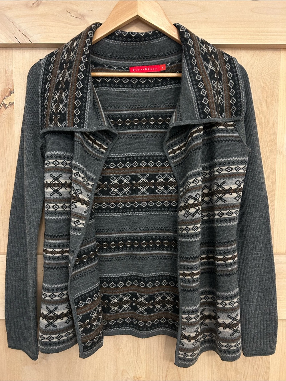 Krimson Klover 100% wool Grey brown Aztec Patterned Open Cardigan Sweater sma